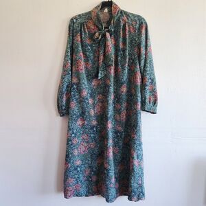 Vintage Dress Women's Large Casual Knee Length Floral Long Sleeve Belted